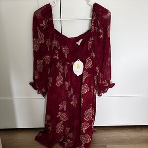 NWT Pink Blush Maternity Burgundy Floral Smocked Sleeve Dress